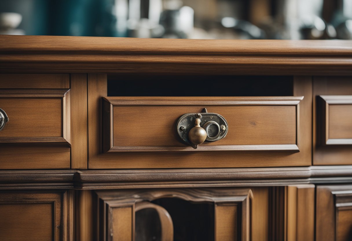 A cluttered, outdated cabinet is being stripped of its old paint and hardware, revealing the natural wood underneath. New handles and a fresh coat of paint are ready to transform it into a modern and stylish piece
