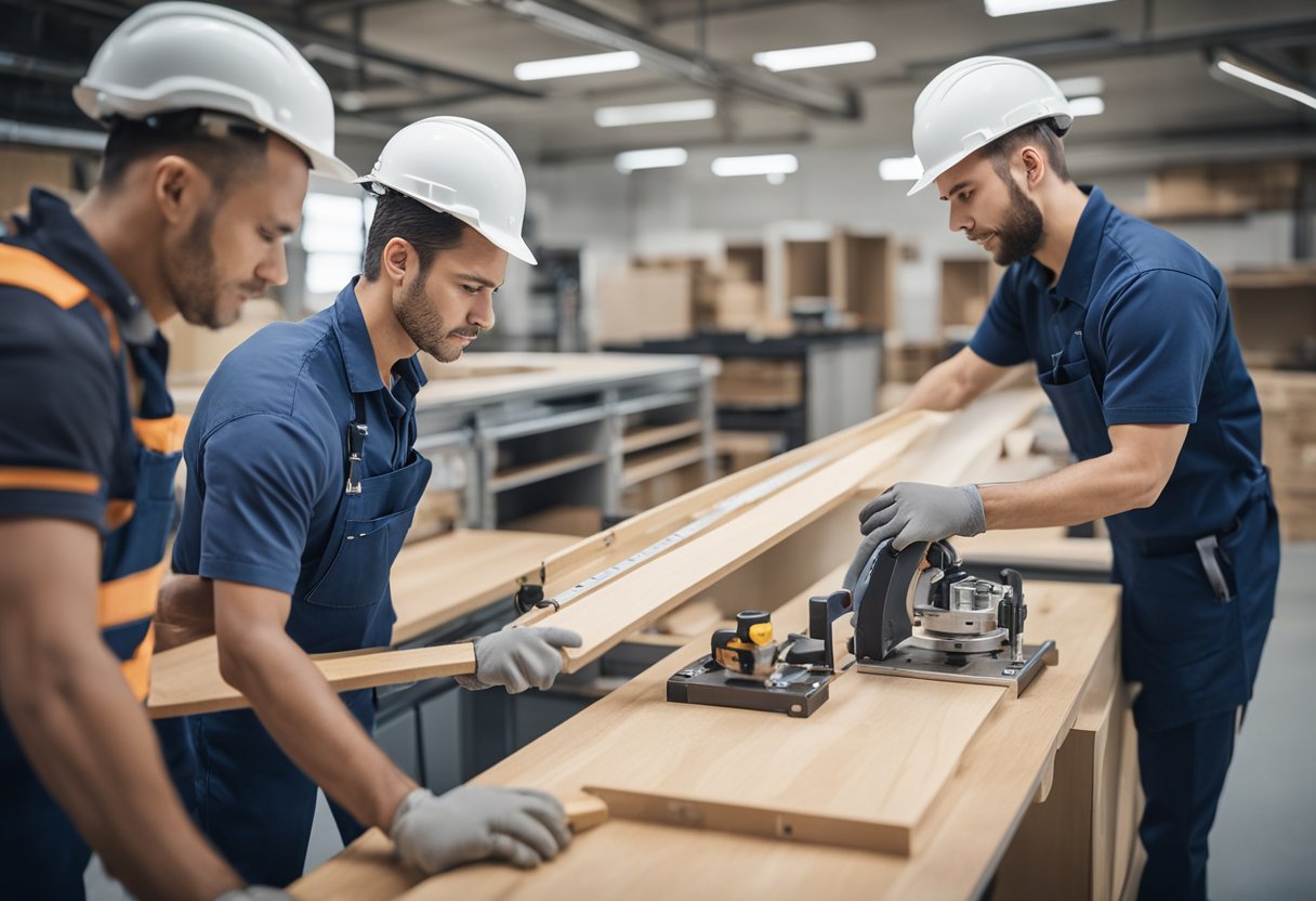 A team of workers carefully installing new cabinets, measuring, cutting, and fitting them with precision and attention to detail