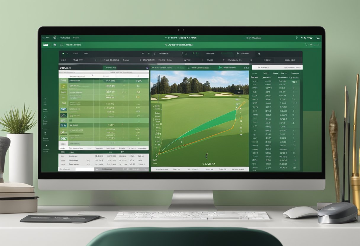 The Proven Golf Model's data is displayed on a computer screen, showing historical performance, 2024 Masters predictions, and odds. A trophy and golf equipment are arranged nearby