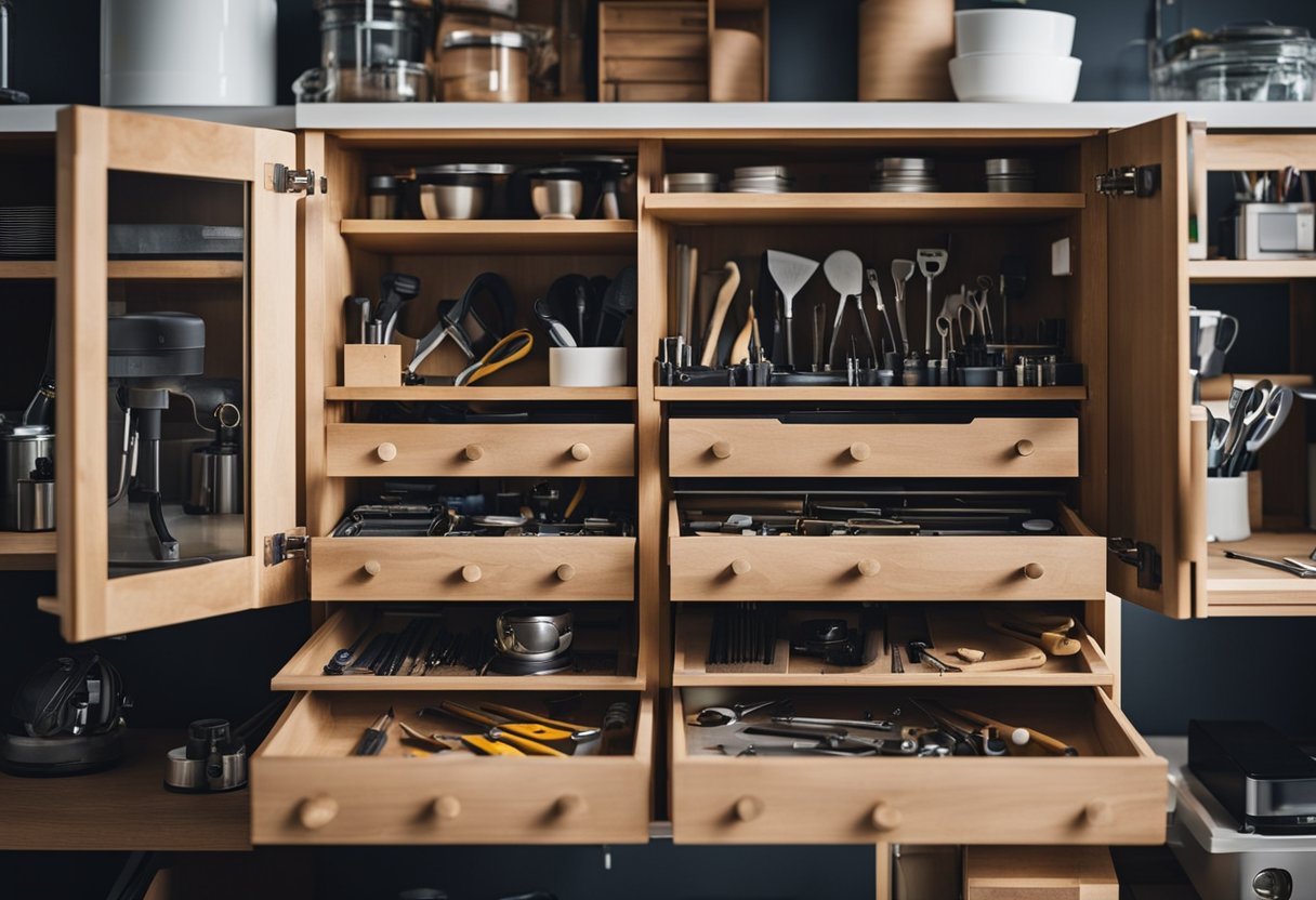 A cabinet being renovated with tools and materials scattered around. Shelves and drawers are open, showing organization options