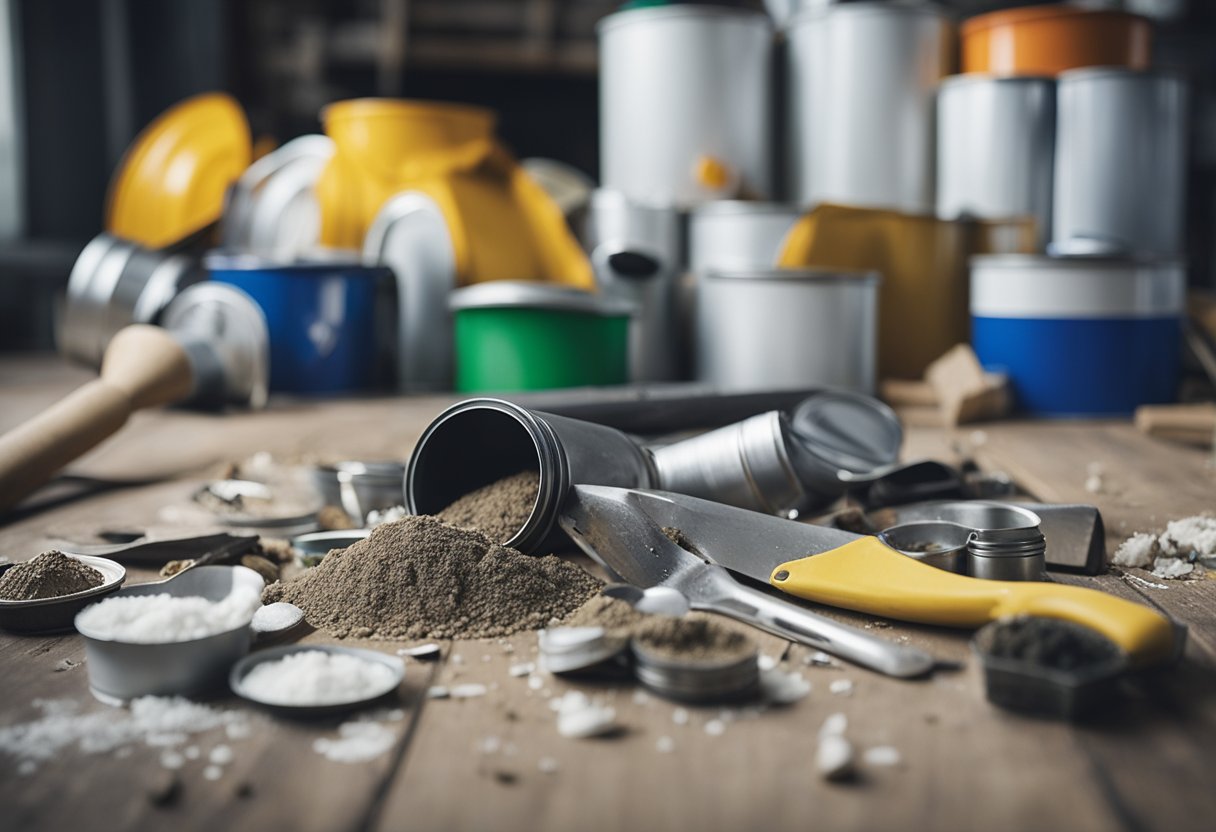 Tools and materials scattered on the floor, dust and debris covering surfaces, empty paint cans and discarded renovation supplies
