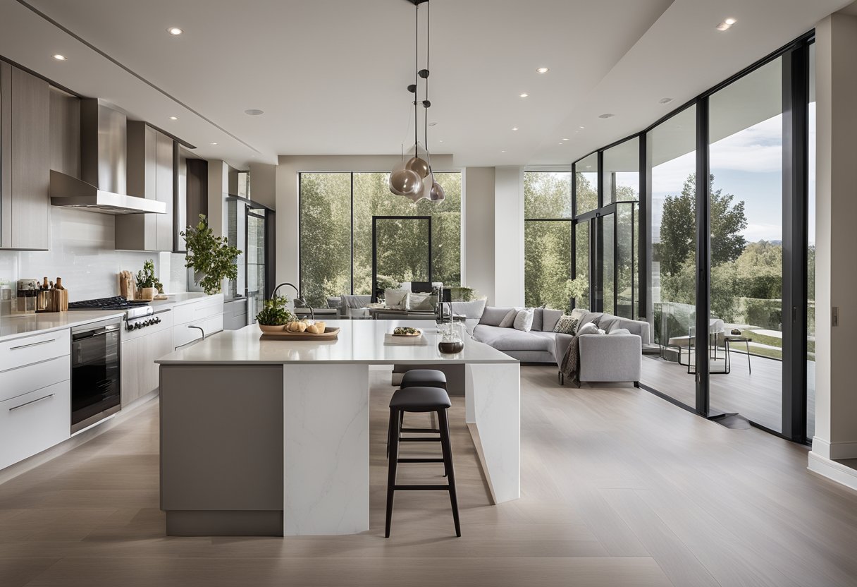 A sleek, open-concept living space with minimalist decor, floor-to-ceiling windows, and a neutral color palette. The kitchen features high-end appliances and a large island for entertaining