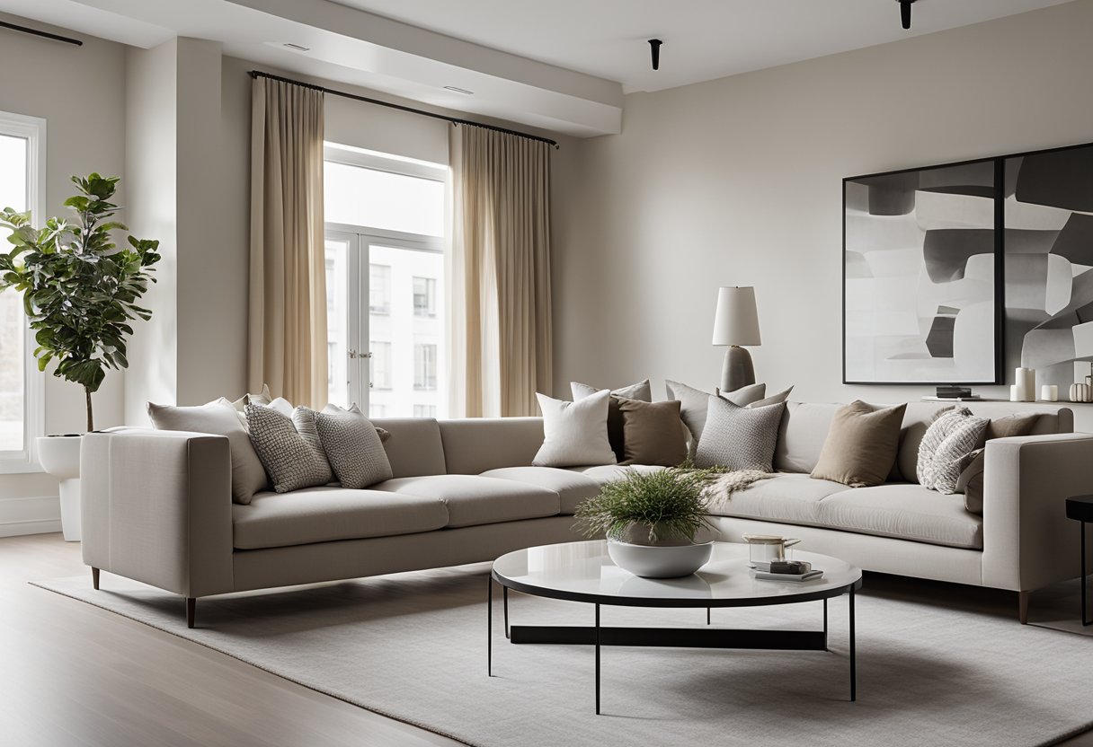 A sleek, minimalist living room with a neutral color scheme, clean lines, and modern furniture. A large, open-concept space with plenty of natural light and a seamless flow between the living, dining, and kitchen areas