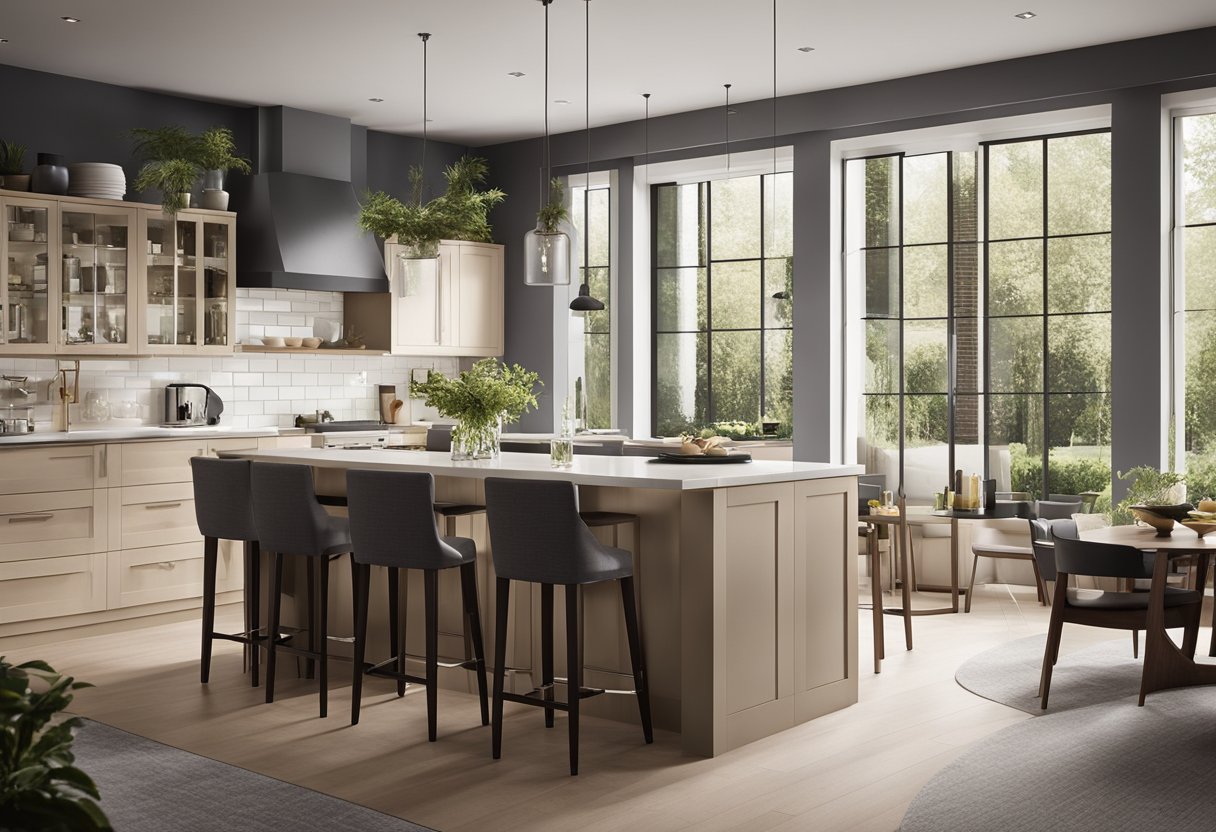 A bright, spacious kitchen with modern, sleek cabinets and countertops. A large island with bar seating and pendant lighting. A cozy dining area with a view of the garden