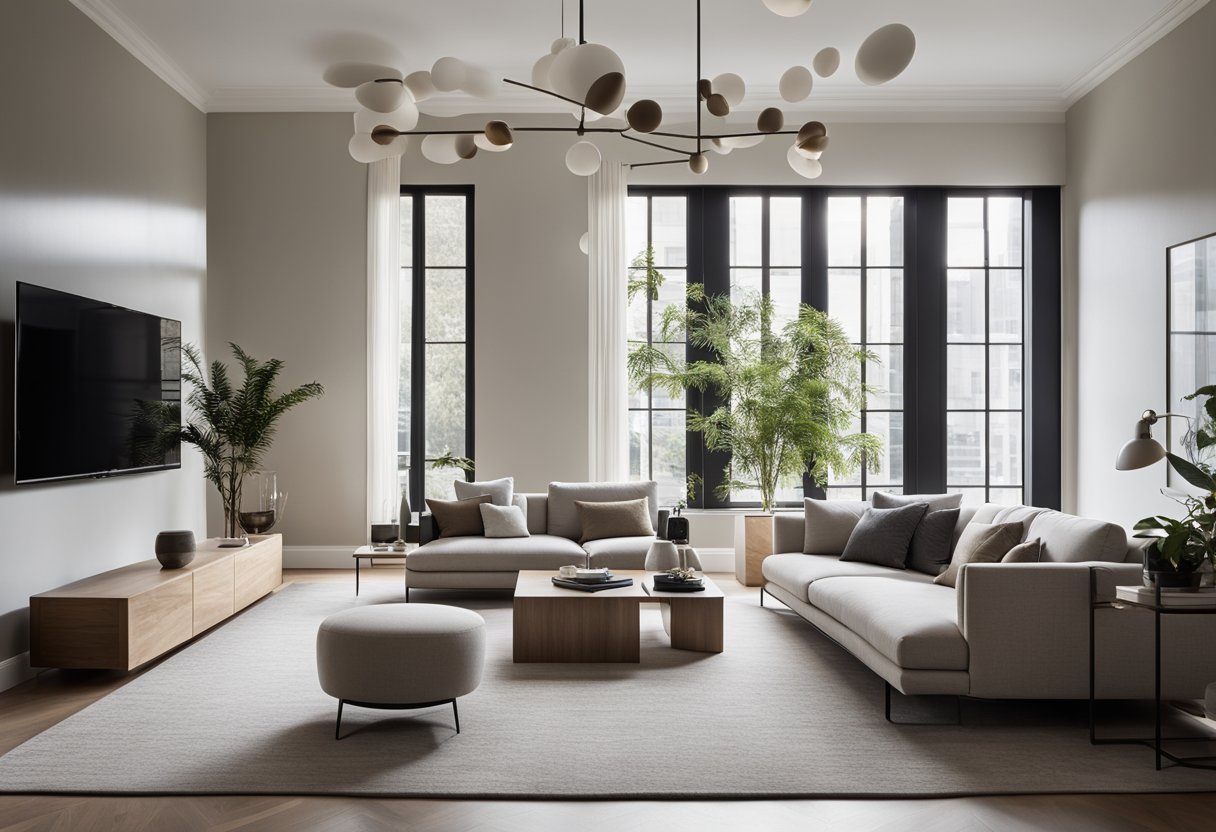A sleek, minimalist living room with a neutral color palette, clean lines, and contemporary furniture. A statement light fixture hangs from the high ceiling, and large windows let in natural light