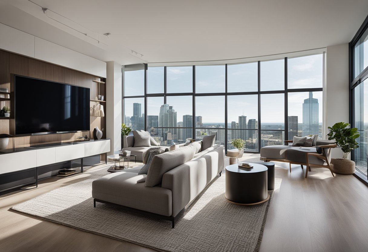 A sleek, open-concept living space with minimalist decor and integrated smart home technology. A wall of windows floods the room with natural light, showcasing the modern finishes and clean lines of the renovated condo