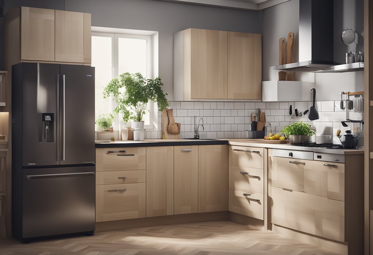 A kitchen with IKEA cabinets being installed, tools and materials scattered around, cost breakdown visible on a table