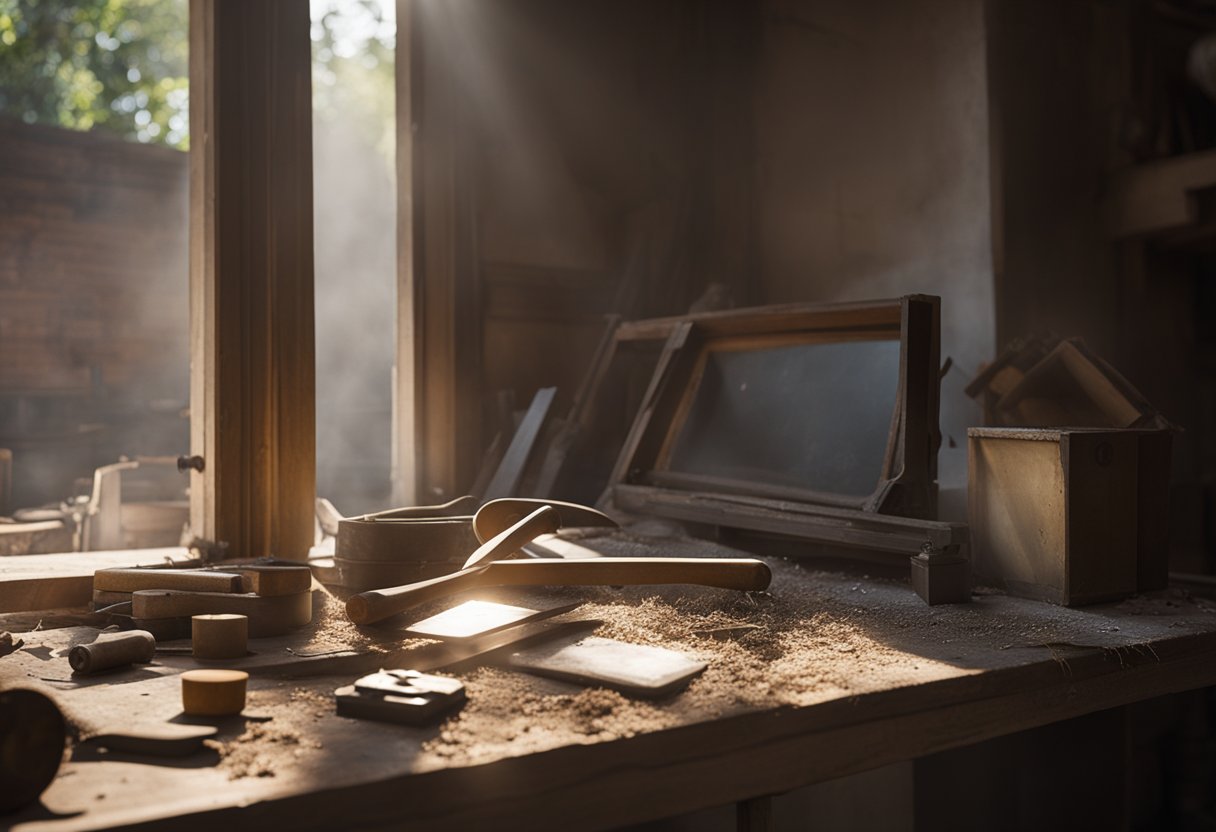 Sunlight streams through a half-open window, revealing a dusty, old frame in need of repair. Tools and materials are scattered around, hinting at a renovation project in progress