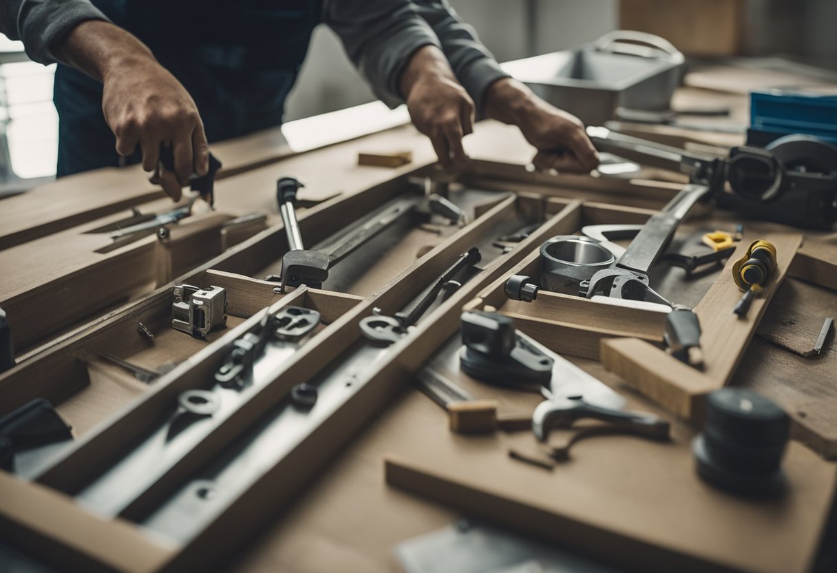 A window being renovated, with tools and materials scattered around. A worker is carefully removing old frames and installing new ones