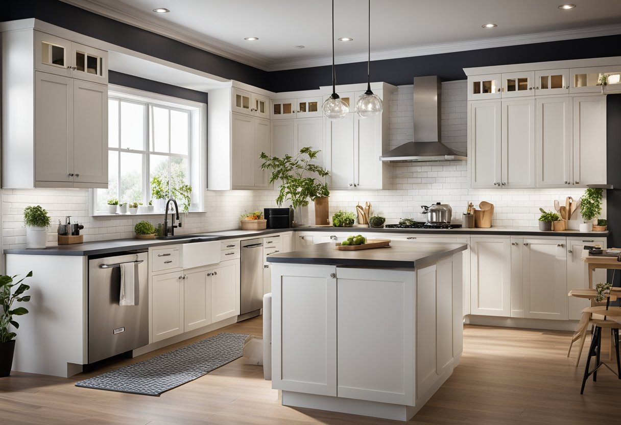 A modern kitchen with IKEA cabinets, countertops, and appliances. A contractor measures, quotes, and discusses options with a homeowner