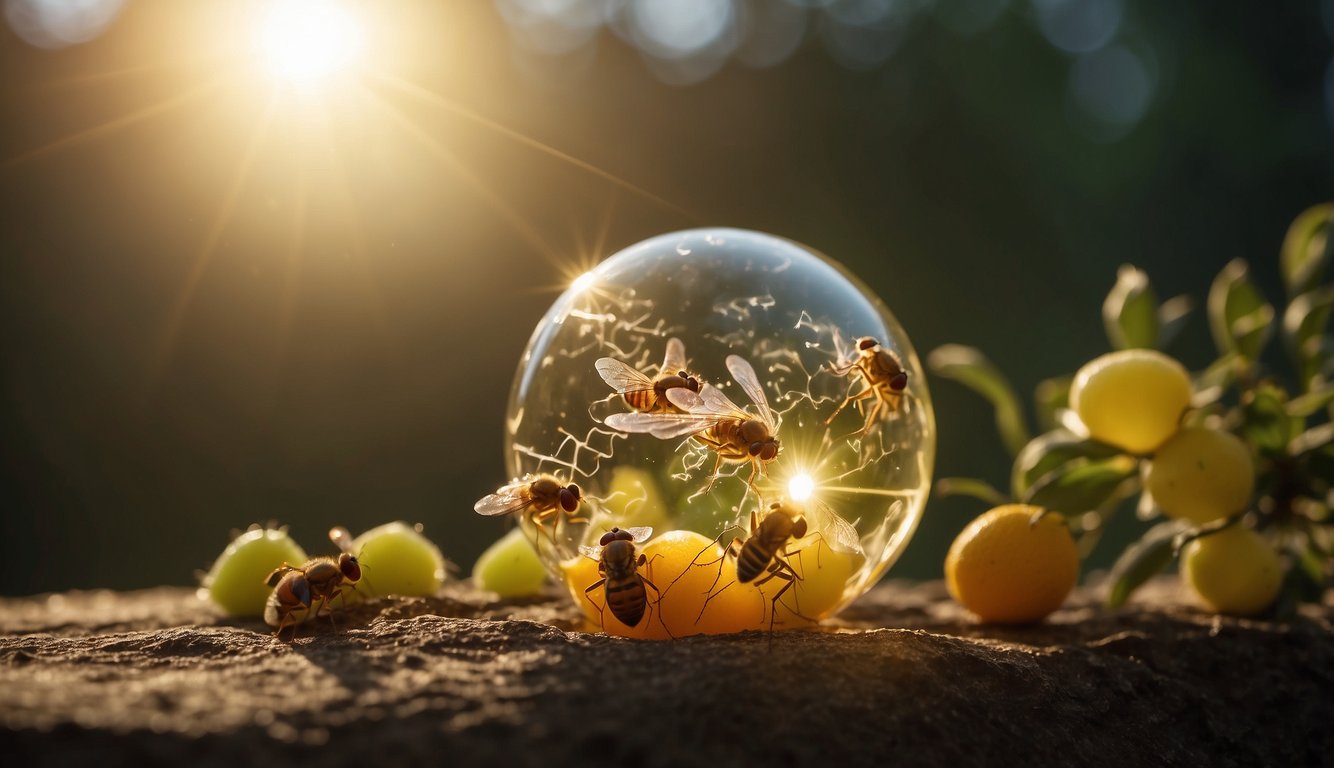 Fruit flies swarm around a glowing orb, symbolizing spiritual presence and guidance. The scene is illuminated with soft, ethereal light, evoking a sense of transcendence and otherworldliness