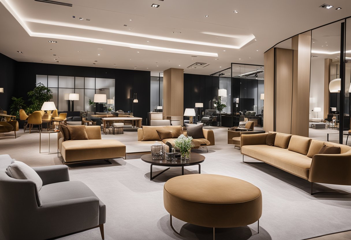 A spacious showroom filled with modern and luxurious furniture displays. Bright lights illuminate the elegant pieces, while a sleek and minimalistic interior design creates a sophisticated ambiance