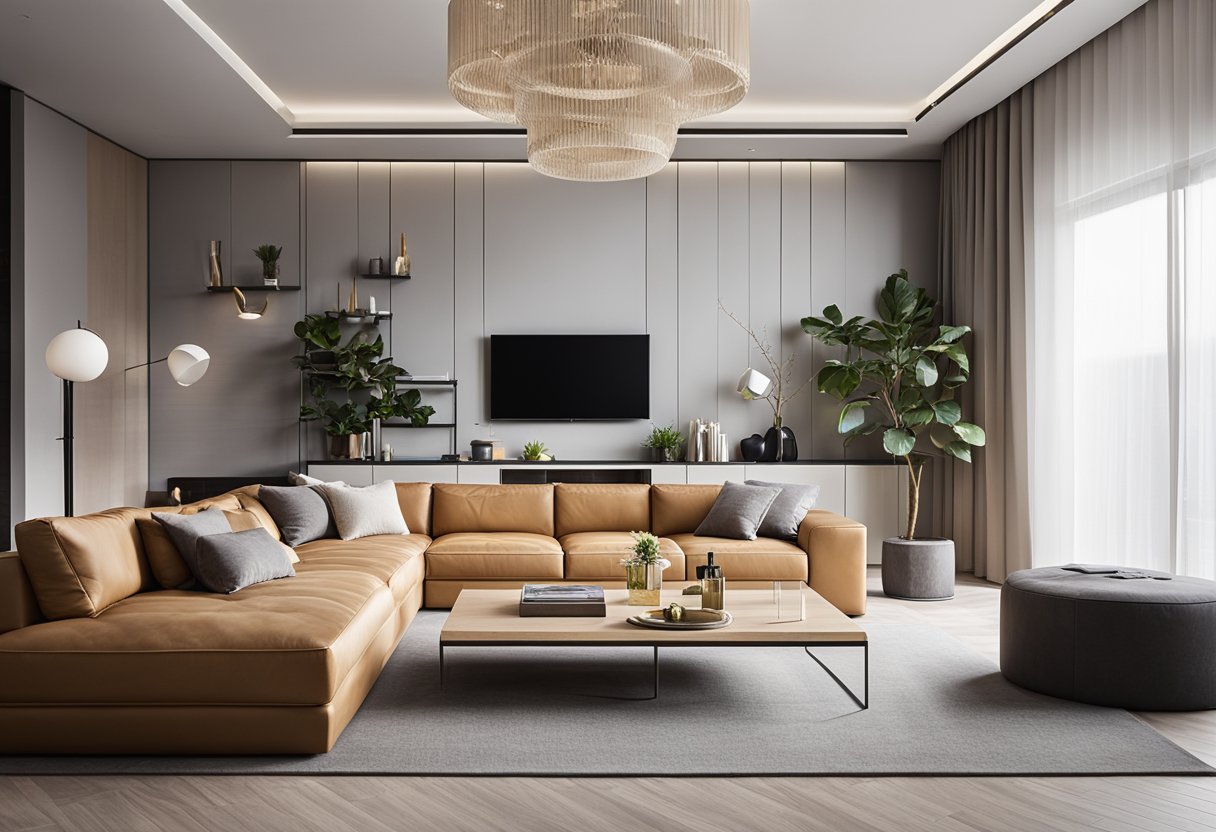 A modern living room with sleek, high-quality furniture, clean lines, and stylish decor. Bright natural light floods the space, highlighting the elegant furnishings