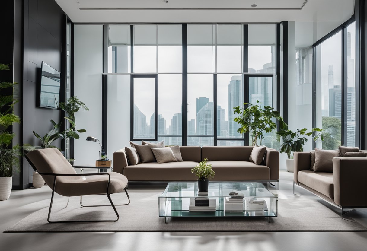 A modern living room with sleek acrylic furniture in Singapore. Clean lines, transparent surfaces, and a minimalist aesthetic