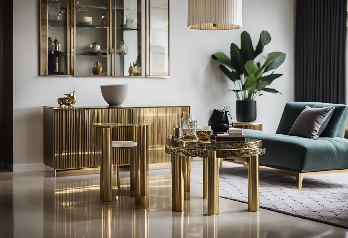 A sleek brass table and chair set gleams in a modern Singapore living room