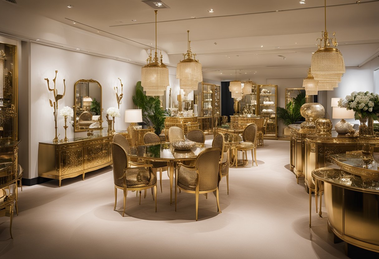 A well-lit showroom displays a variety of brass furnishings, including tables, chairs, and decorative pieces. The furniture is arranged in an inviting manner, with soft lighting highlighting the intricate details of each piece
