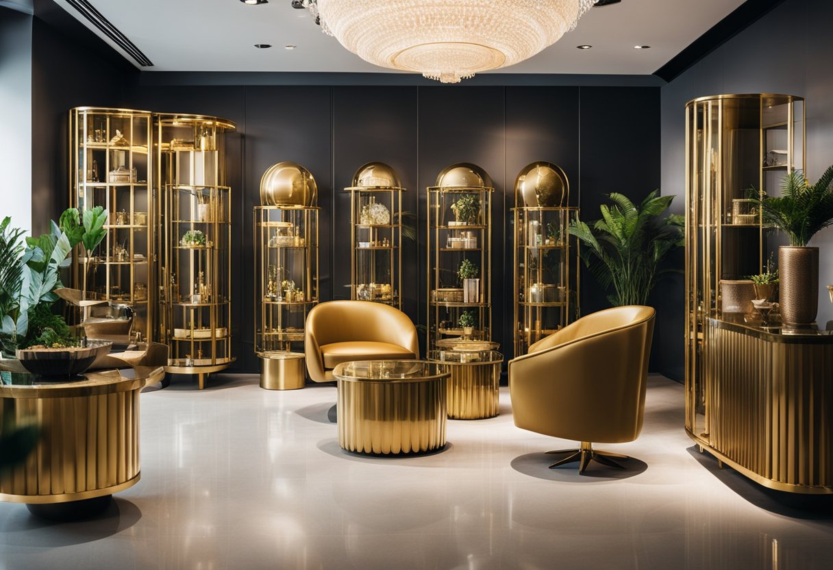 A sleek and modern brass furniture set displayed in a showroom with a "Frequently Asked Questions" sign in Singapore
