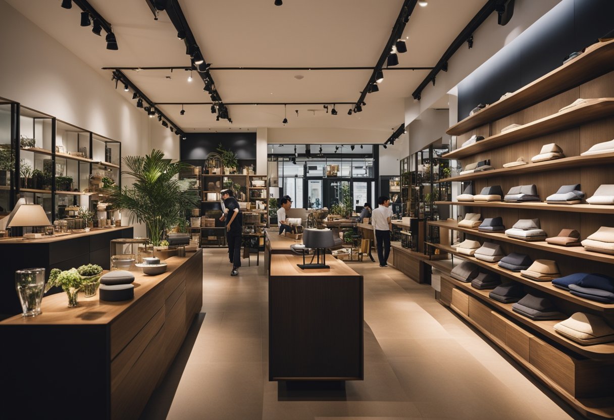 A bustling furniture shop in Singapore, filled with customers browsing and staff assisting. Shelves are stocked with a variety of stylish and modern furniture pieces