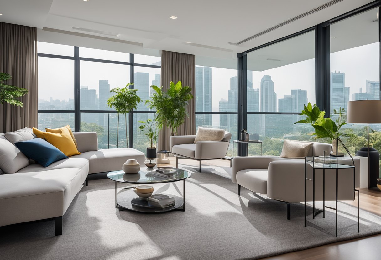 A modern living room with sleek acrylic furniture in Singapore. Clean lines, minimalist design, and a bright, airy atmosphere