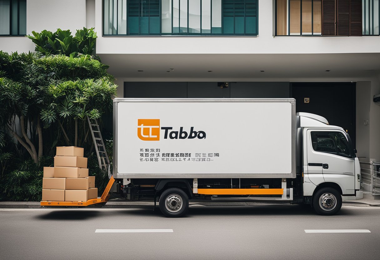 A delivery truck unloads furniture from Taobao at a Singapore home. Boxes are stacked outside as a person signs for the delivery