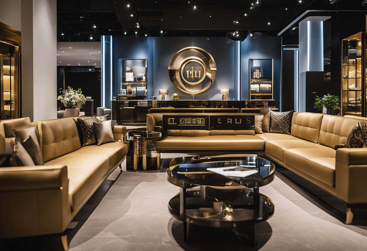 A luxurious furniture showroom with elegant displays and prominent signage for exclusive offers and services in Singapore