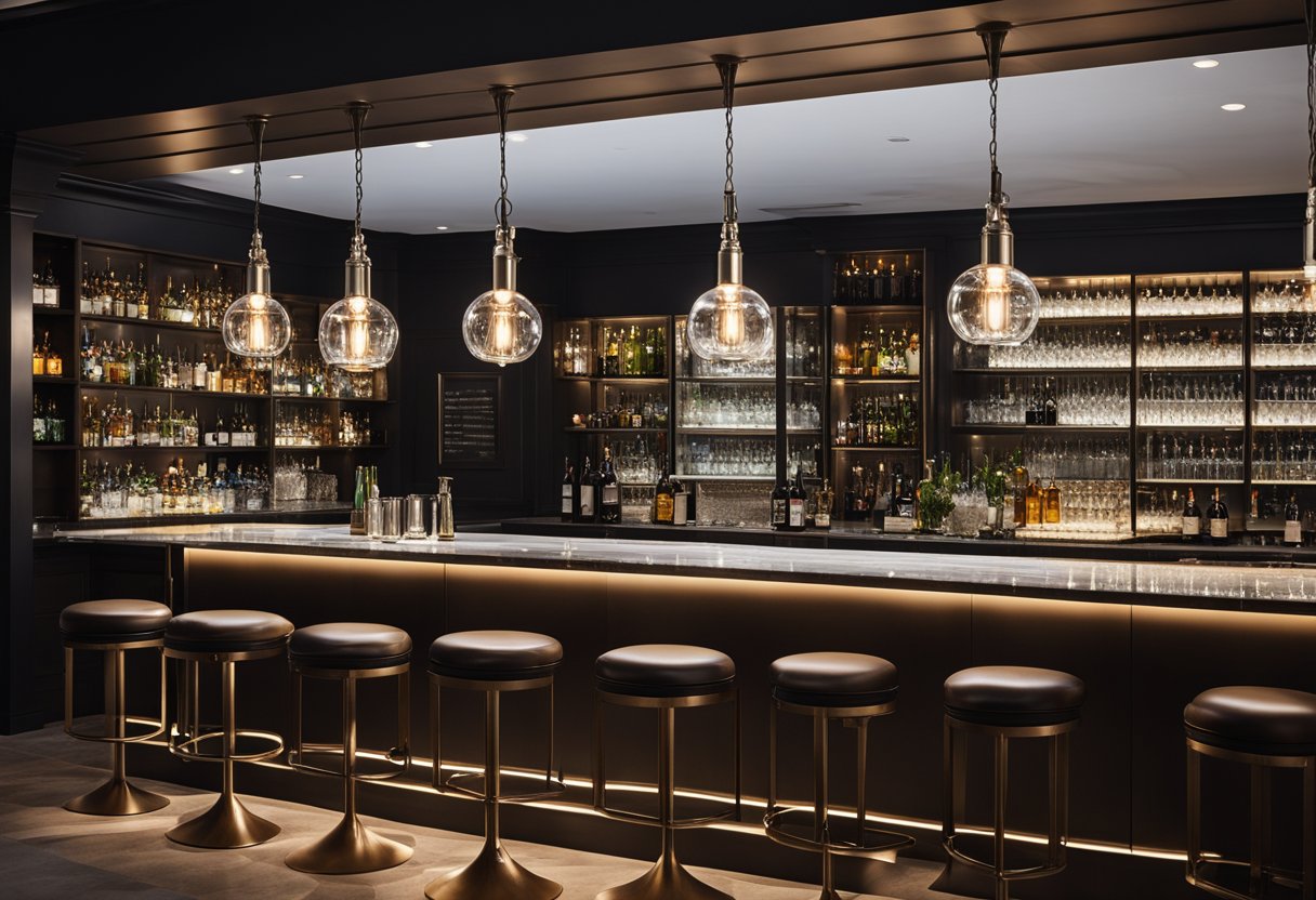 A modern bar with sleek, metal stools and a marble-topped counter. Glass shelves display crystal glassware and bottles of liquor. A large, industrial-style pendant light illuminates the space