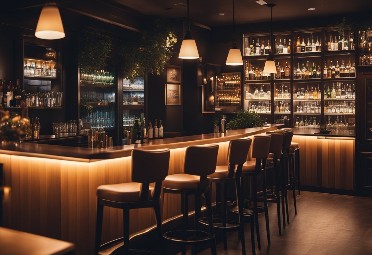 A cozy corner in a bustling bar, with a sleek bar table and matching stools, bathed in warm ambient lighting