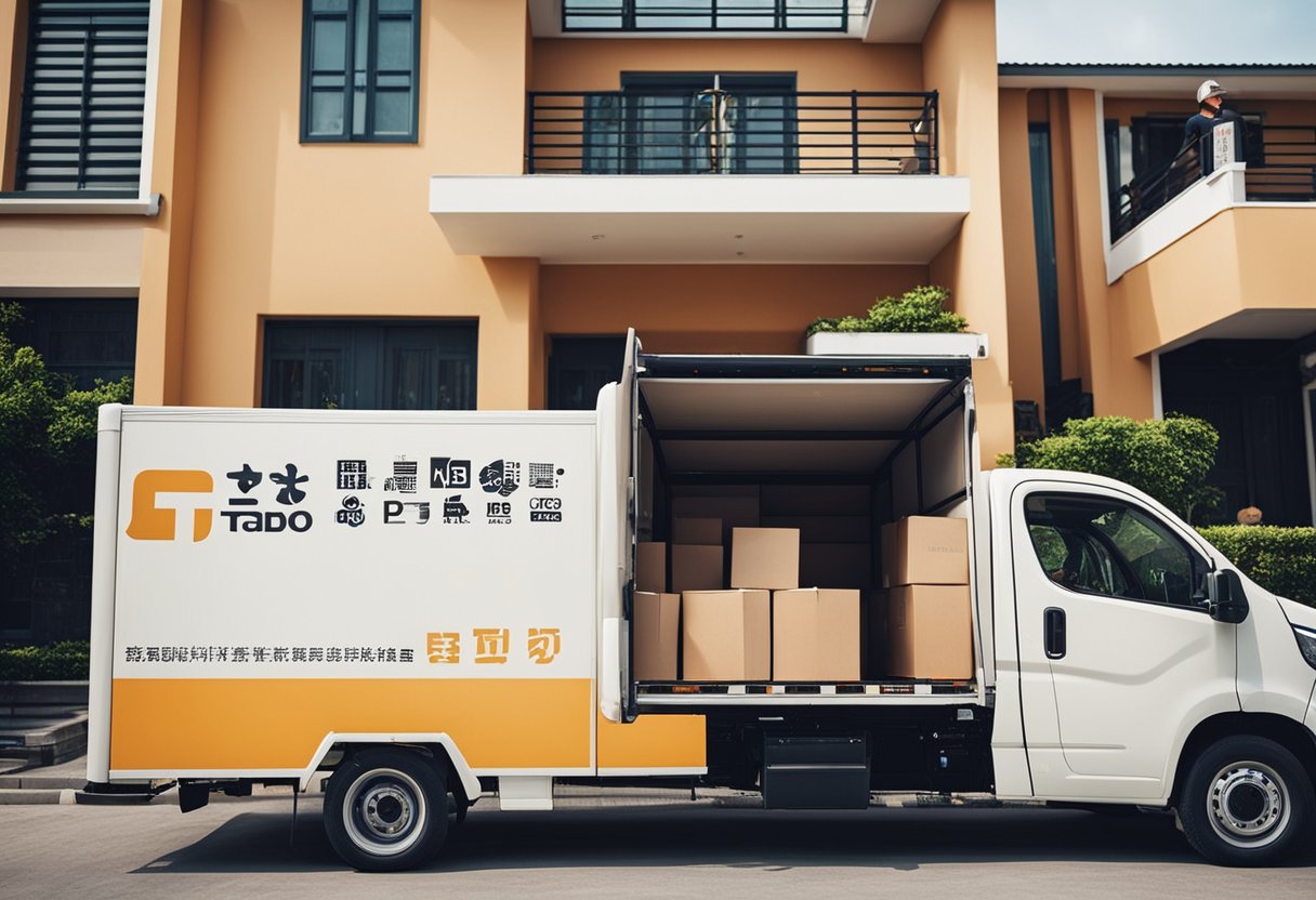 Customer clicks "Complete Purchase" on Taobao SG. Delivery truck arrives at their home to unload new furniture