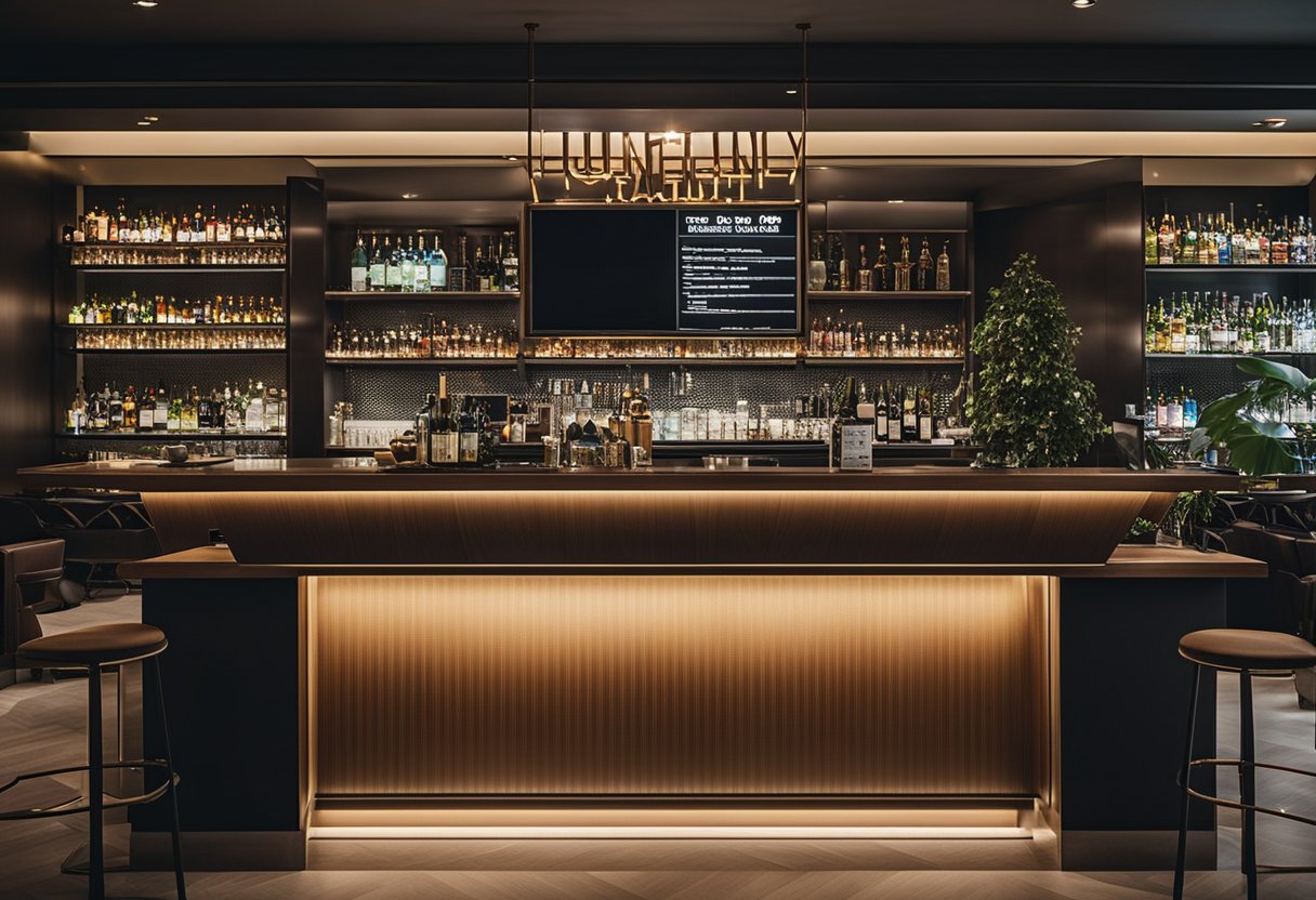 A modern, sleek bar setting with stylish furniture and a sign reading "Frequently Asked Questions bar furniture singapore."
