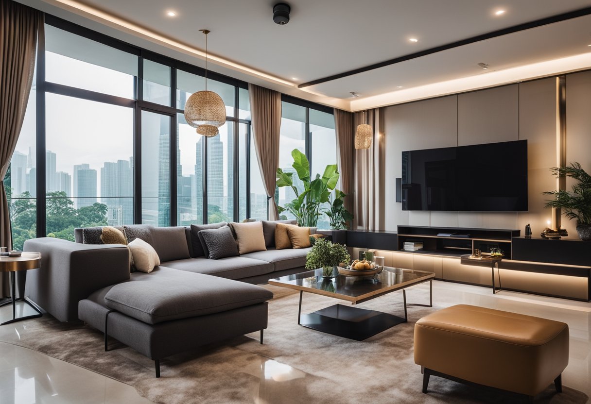 A cozy living room filled with affordable, high-quality furniture in Singapore. Bright lighting and modern design create a welcoming atmosphere