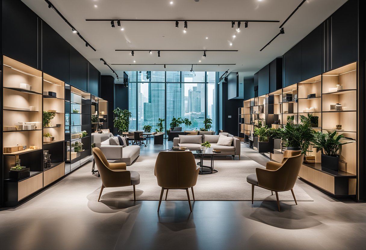 A bustling furniture showroom in Singapore, with sleek modern designs on display. Bright lighting and a clean, minimalist aesthetic create an inviting atmosphere