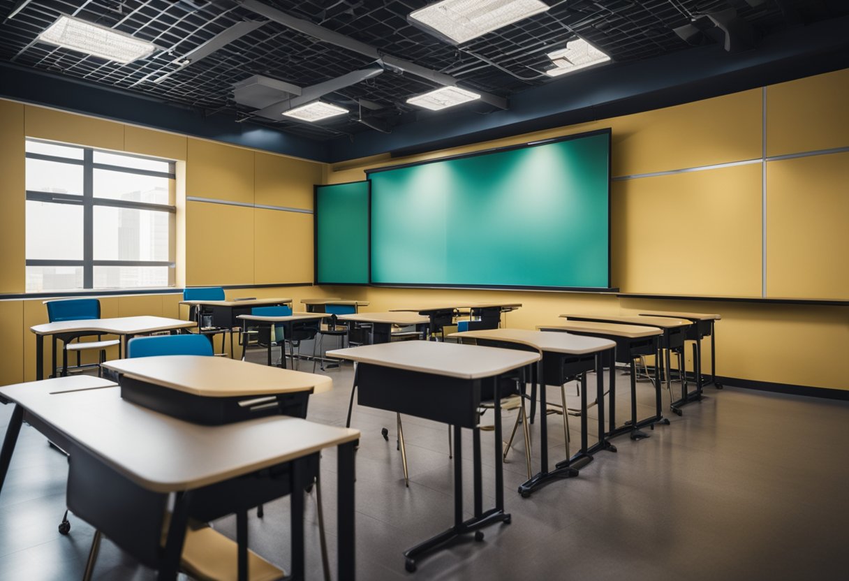 A classroom in Singapore with desks, chairs, and a teacher's podium. Brightly colored educational posters adorn the walls