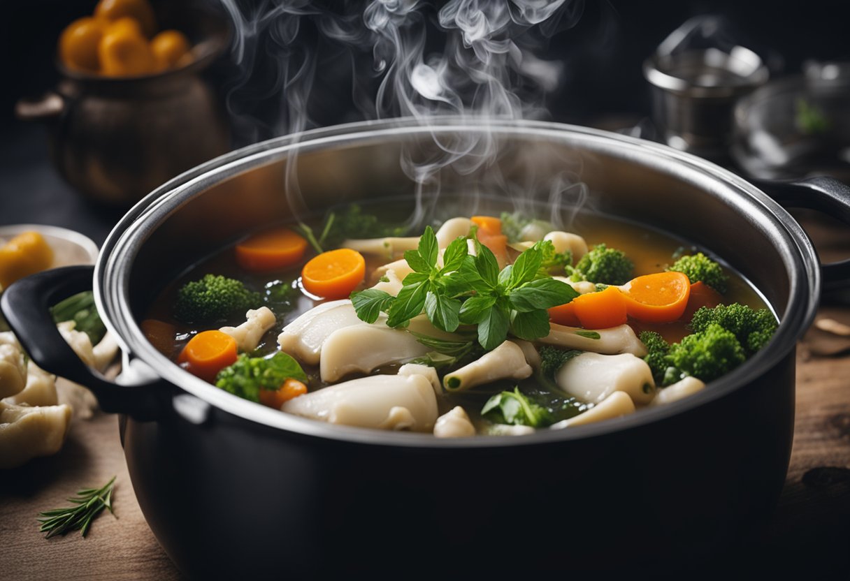 Fresh bones simmer in a pot of water with vegetables and herbs. Steam rises as the broth cooks