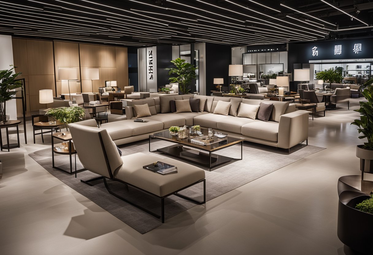 An aerial view of Cheng Meng Furniture's showroom in Singapore, with modern furniture displays and a sleek, minimalist design aesthetic
