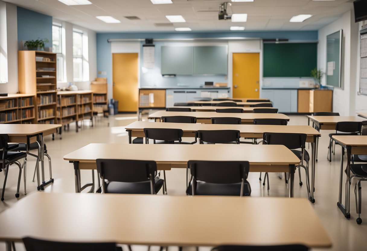 The classroom is filled with essential furniture: desks, chairs, whiteboard, and bookshelves. The desks are arranged in neat rows, with the teacher's desk at the front of the room