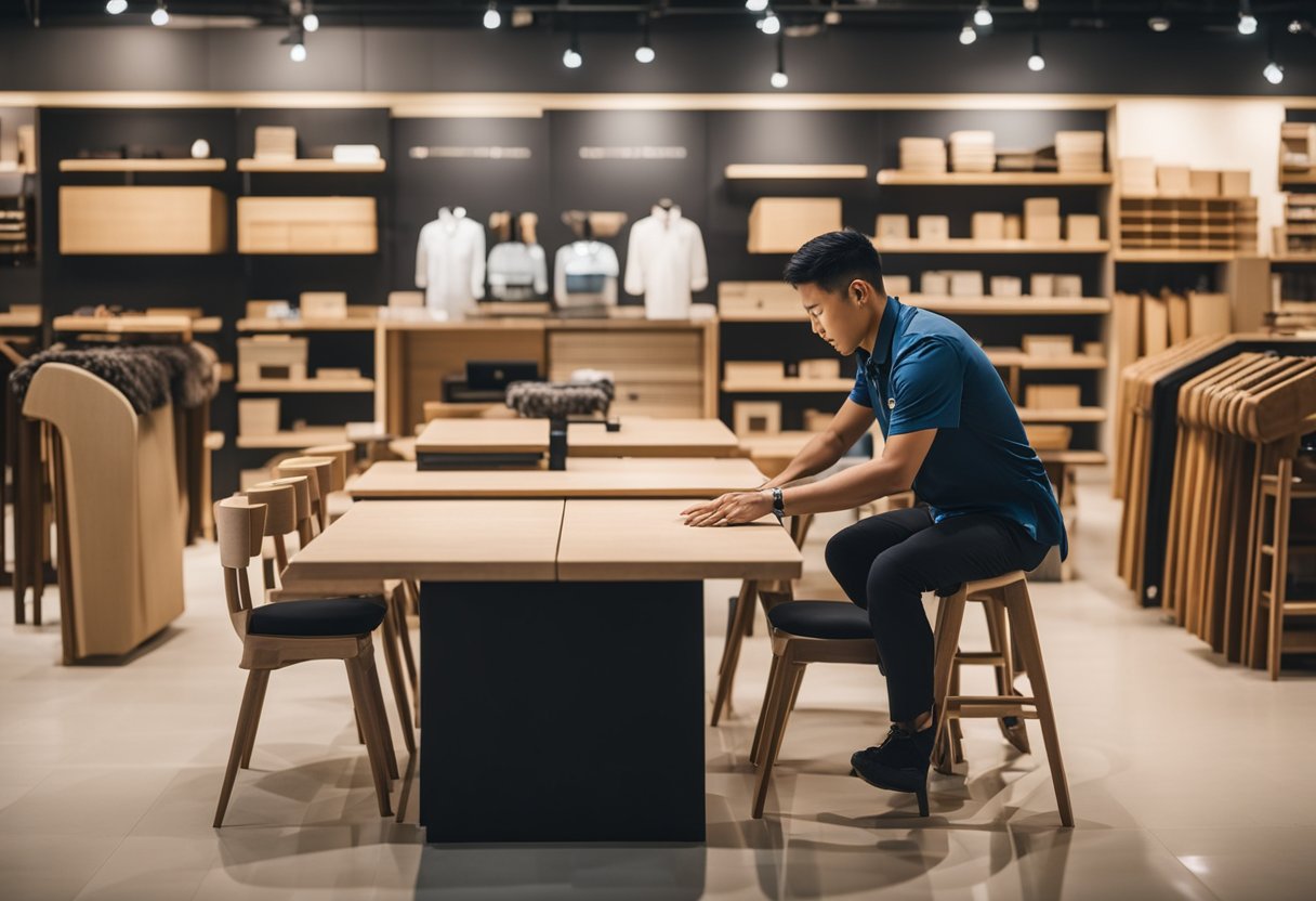 A person customizing furniture at Cheng Meng store in Singapore. Tables and chairs being connected and personalized