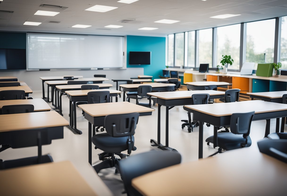 A modern classroom with ergonomic desks, flexible seating, and interactive whiteboards. Bright colors and natural light create a welcoming and comfortable learning environment