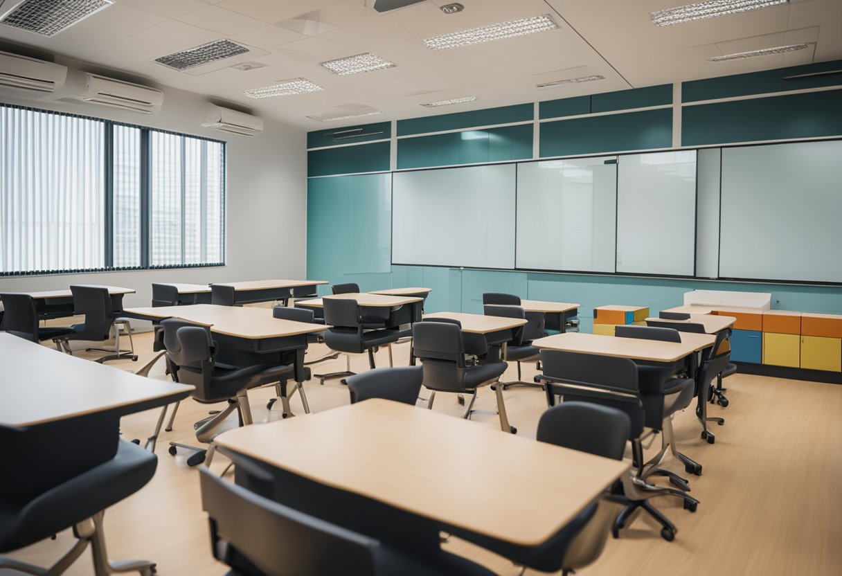 A classroom in Singapore with modern furniture arranged neatly, including desks, chairs, and a teacher's podium