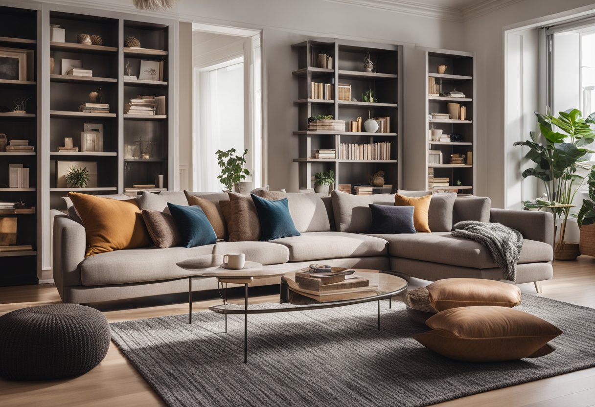 A cozy living room with affordable furniture, soft lighting, and decorative accents. A bookshelf filled with books, a comfortable sofa, and a stylish rug complete the inviting space