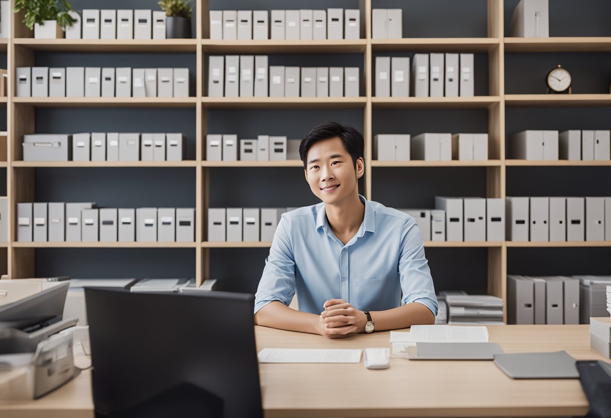 A customer service representative sits at a desk surrounded by shelves of neatly organized furniture catalogs. A sign above the desk reads "Frequently Asked Questions - Cheng Meng Furniture Singapore."