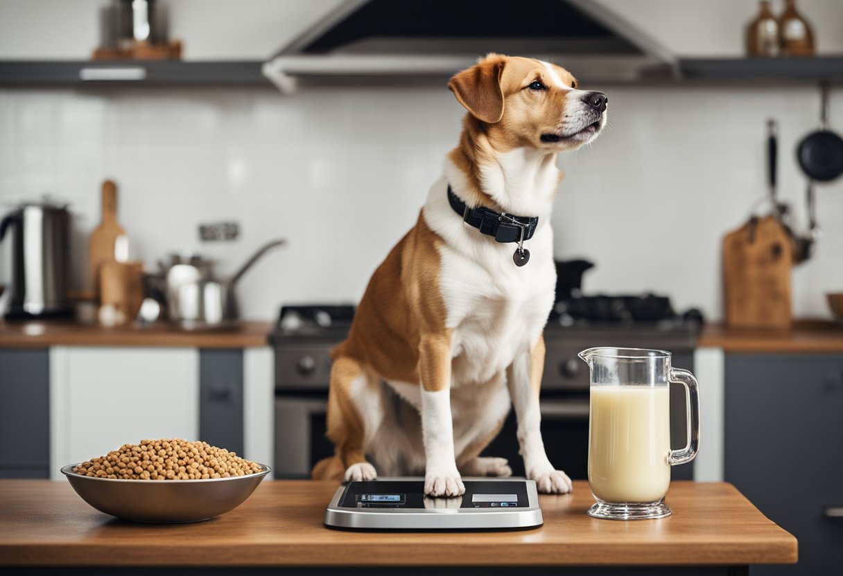 A dog standing on a scale with a bowl of food and a measuring cup next to it