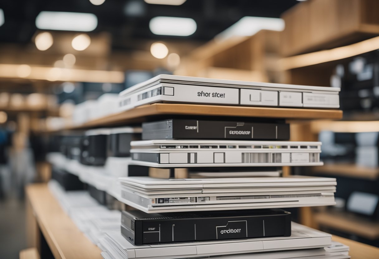 A stack of modern, affordable furniture with price tags, surrounded by customers browsing and asking questions to staff