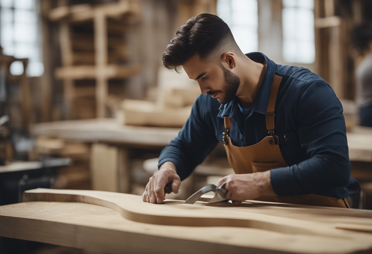 A woodworker shapes raw timber into a sleek chair, using precision tools and careful craftsmanship