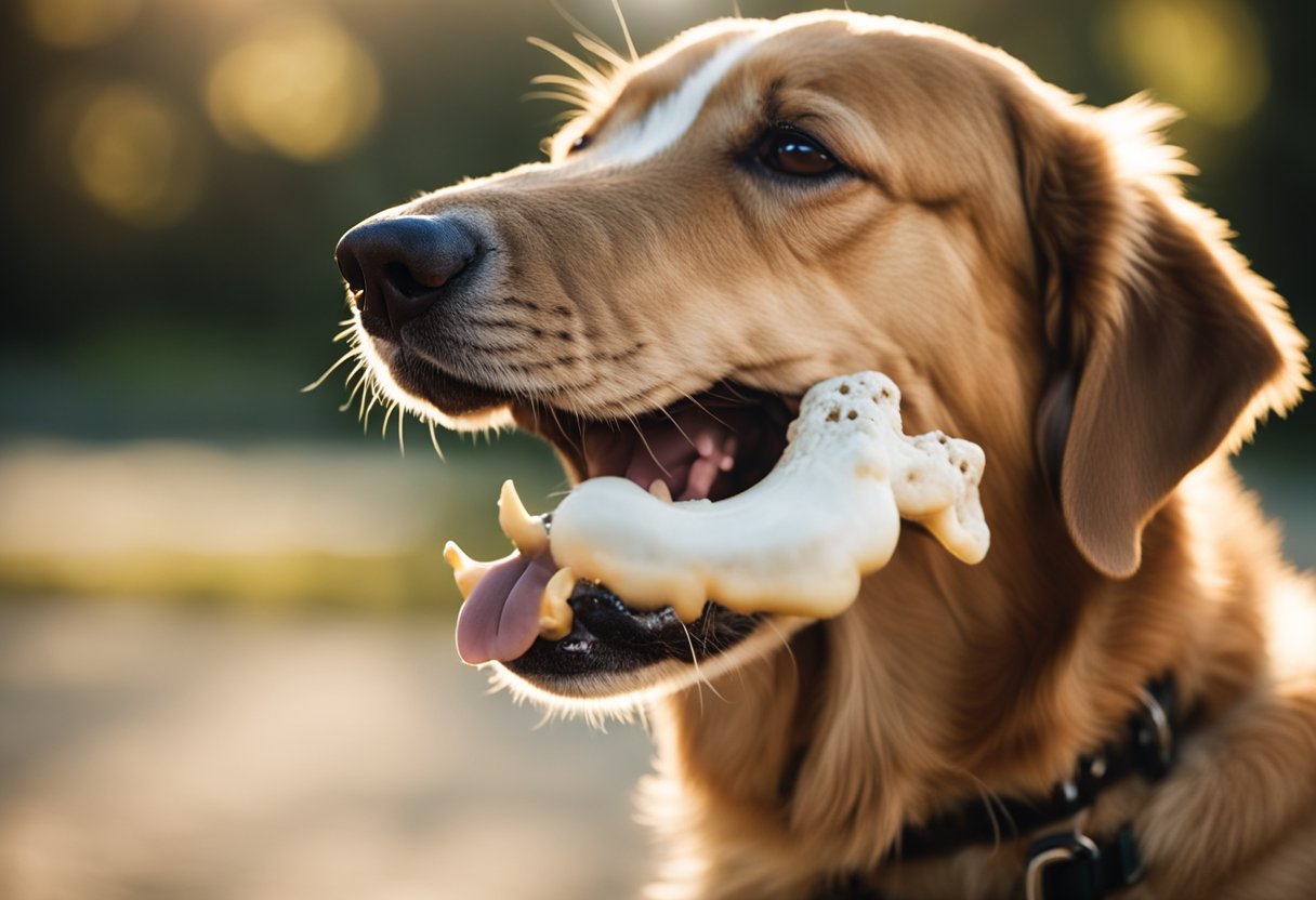A dog's mouth licks a bone, saliva glistening under sunlight, teeth and tongue visible
