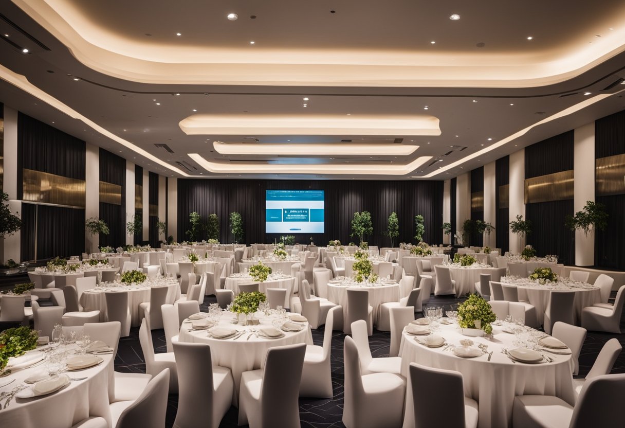 A spacious event hall filled with sleek, modern furniture in Singapore. Tables, chairs, and sofas are arranged in a stylish and functional layout, creating a welcoming atmosphere for guests