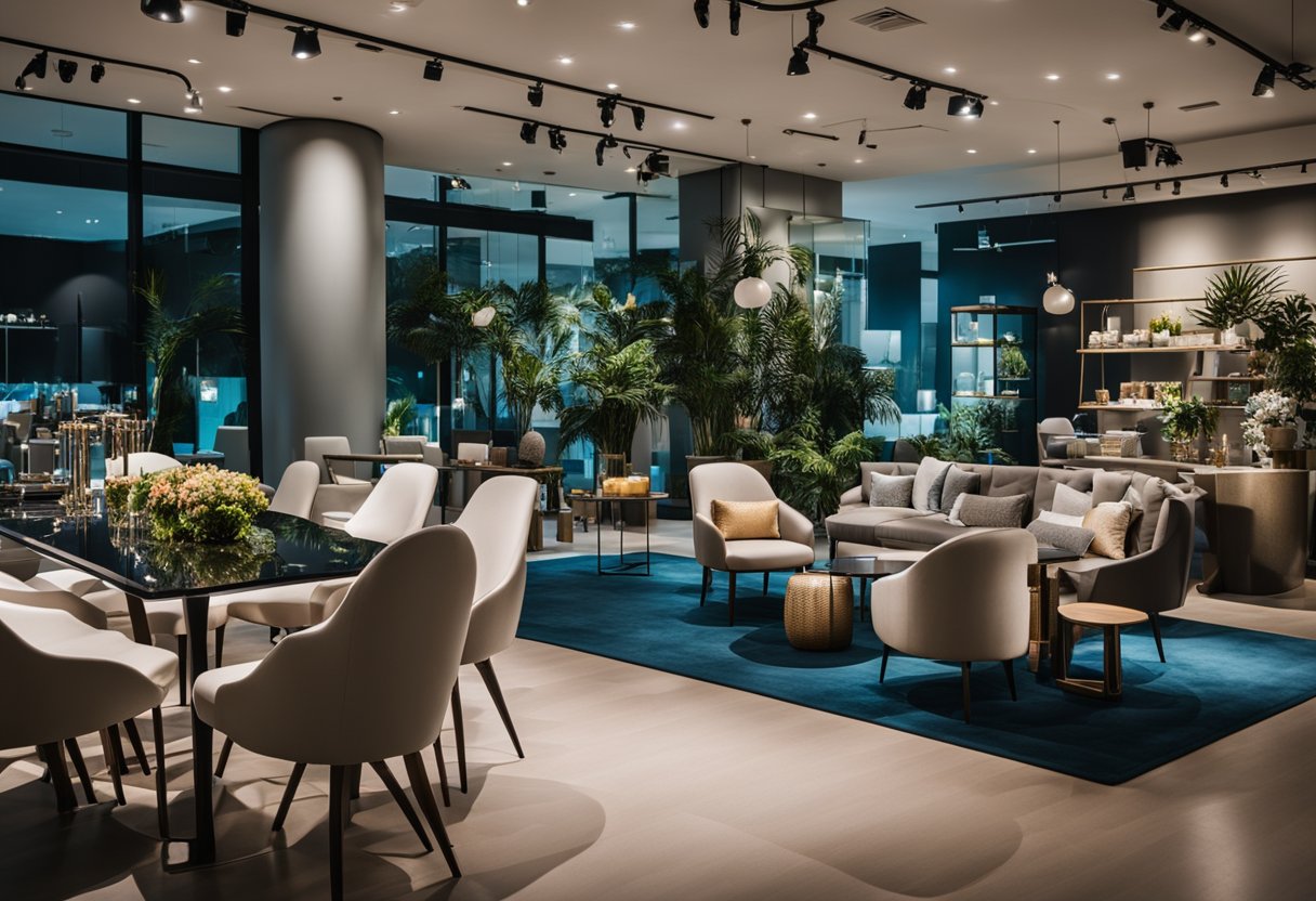 A showroom filled with modern event furniture options in Singapore. Bright lighting highlights sleek chairs, tables, and decor pieces