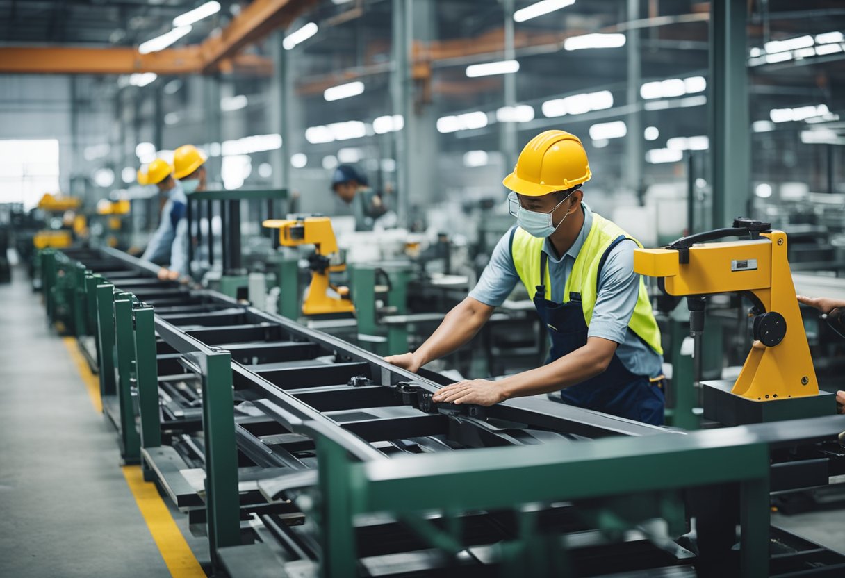 An industrial scene with machinery and workers assembling iron bed frames and furniture in a Singapore factory