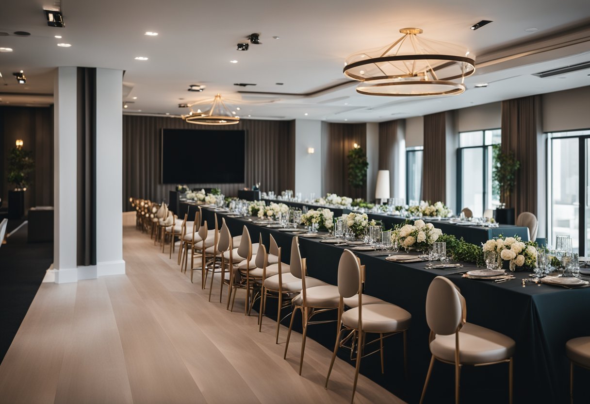 A sleek, modern event space with stylish furniture arranged in a seamless, inviting layout. The ambiance is sophisticated and welcoming, with a touch of luxury