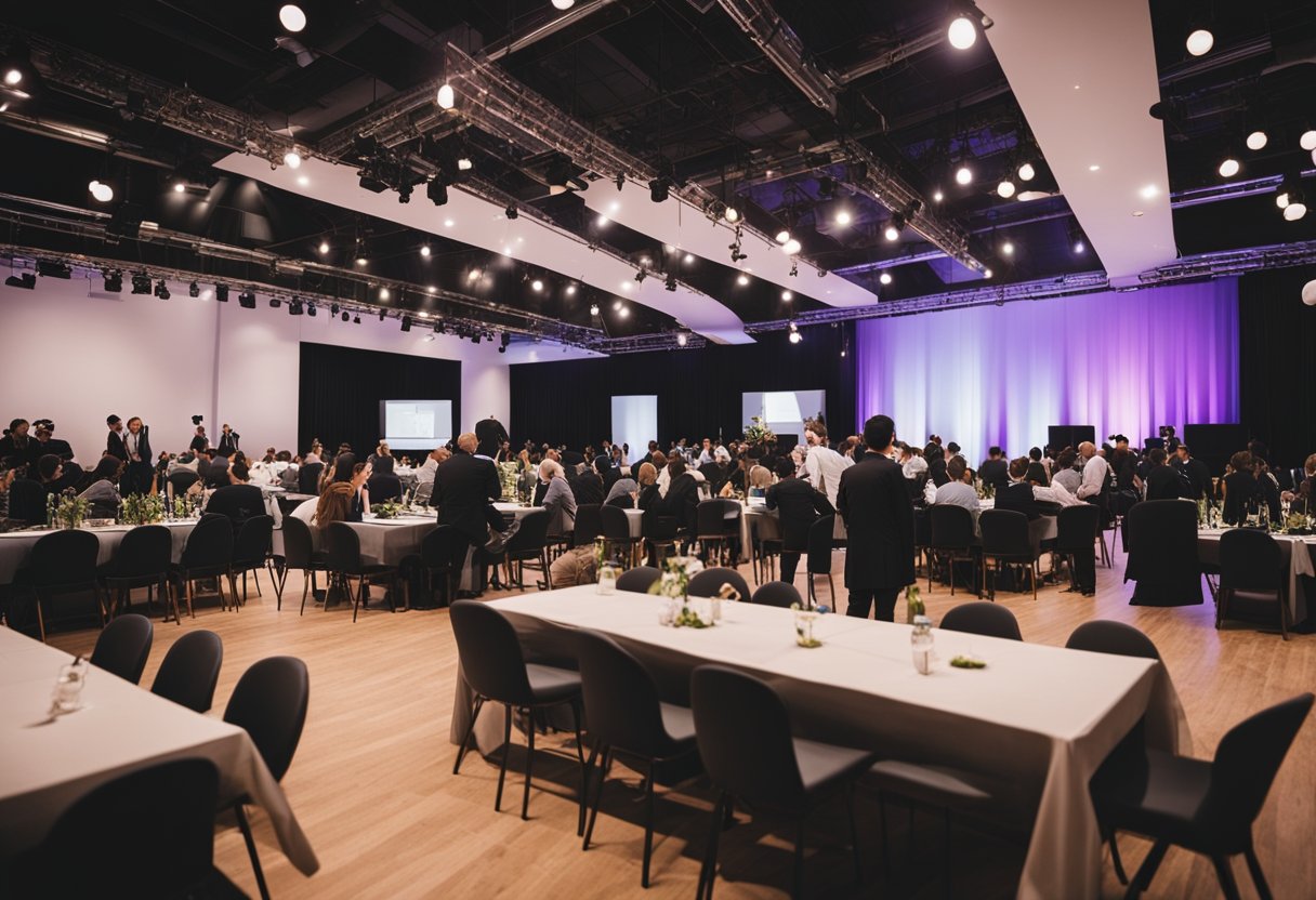 A bustling event space with various furniture setups, attendees asking questions, and staff assisting. Bright lighting and a professional atmosphere