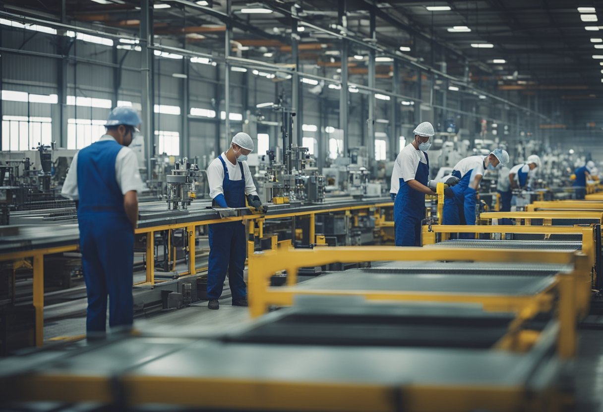 The bustling factory floor hums with activity as workers assemble iron bed frames and furniture. Machinery whirs and clanks, while workers diligently inspect and package the finished products